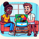 Cartoon illustration of two friends learning a song is Argentinian, not Brazilian