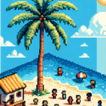 8-bit pixel art of a Caribbean beach scene with a house, friends, a palm tree, and the sea, rendered in retro video game style.