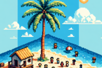 8-bit pixel art of a Caribbean beach scene with a house, friends, a palm tree, and the sea, rendered in retro video game style.