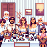 8-bit pixel art depicting an Argentine family Easter celebration, featuring a lunch table with traditional foods and chocolate Easter eggs.