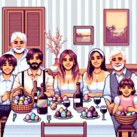 8-bit pixel art depicting an Argentine family Easter celebration, featuring a lunch table with traditional foods and chocolate Easter eggs.