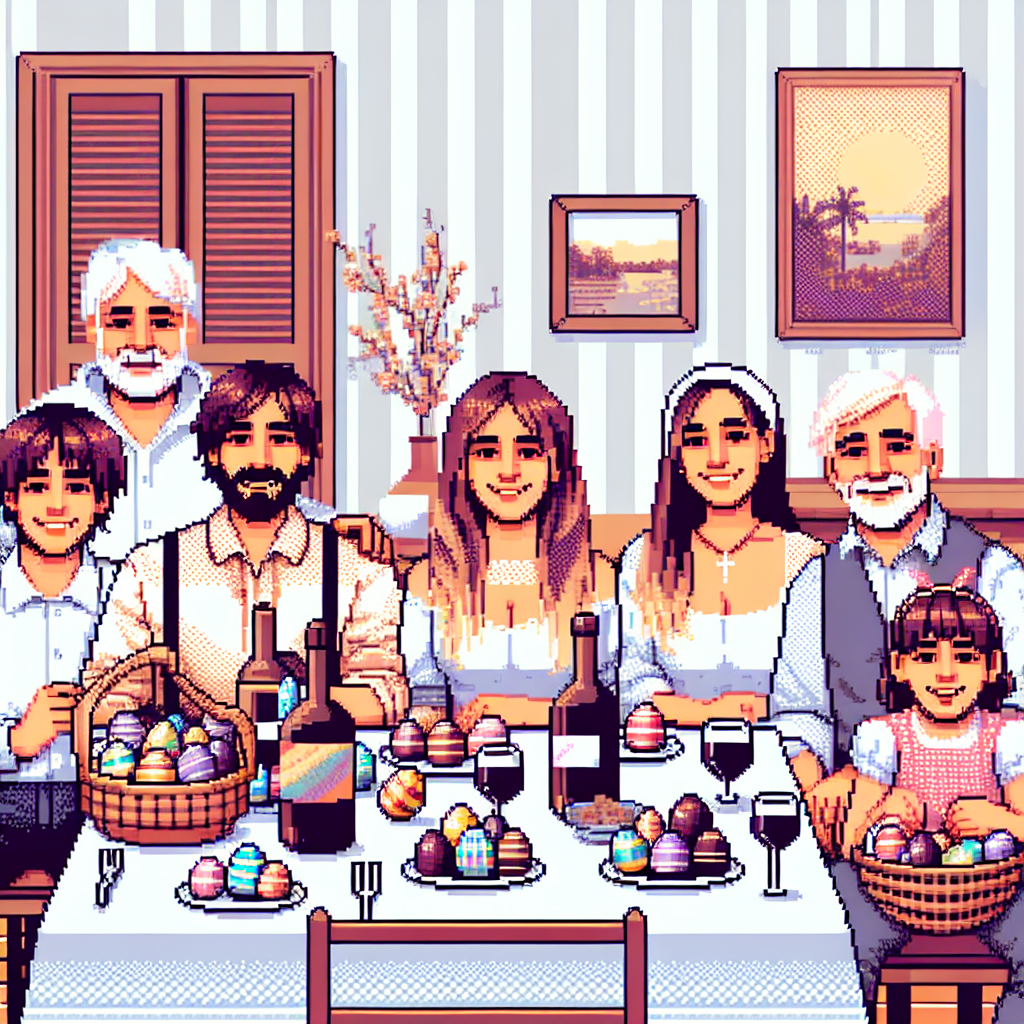 8-bit pixel art depicting an Argentine family Easter celebration, featuring a lunch table with traditional foods and chocolate Easter eggs.