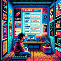 Pixel art of a teenager's room with an 8-bit style digital screen displaying various blog categories in a retro video game aesthetic.