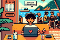 8-bit pixel art depicting a person at a café in Isla Mujeres using a laptop, with text bubbles showing excitement about fast EIN delivery and startup perks.