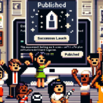 Pixel art scene of a team celebrating the launch of their plugin in a retro video game style, with a computer screen showing 'Published'.