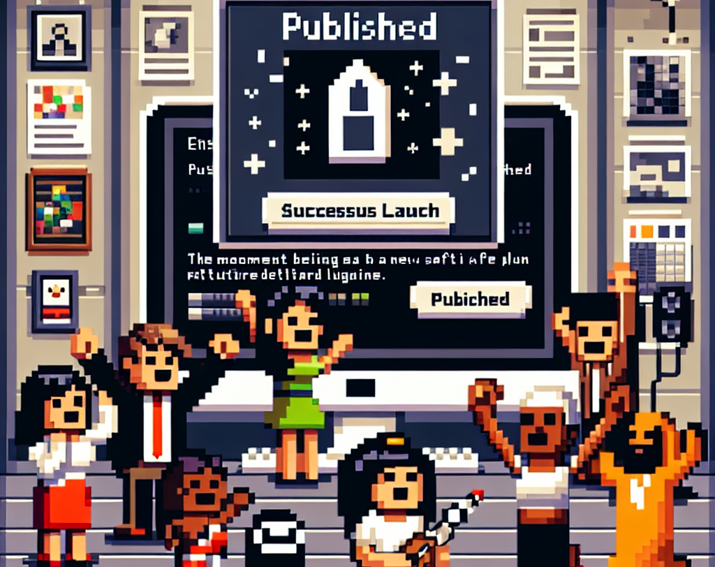 Pixel art scene of a team celebrating the launch of their plugin in a retro video game style, with a computer screen showing 'Published'.