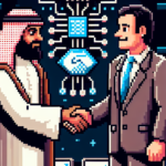 8-bit pixel art of a person shaking hands with an investor in a video game style setting, featuring computers and AI technology icons.