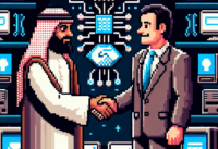 8-bit pixel art of a person shaking hands with an investor in a video game style setting, featuring computers and AI technology icons.
