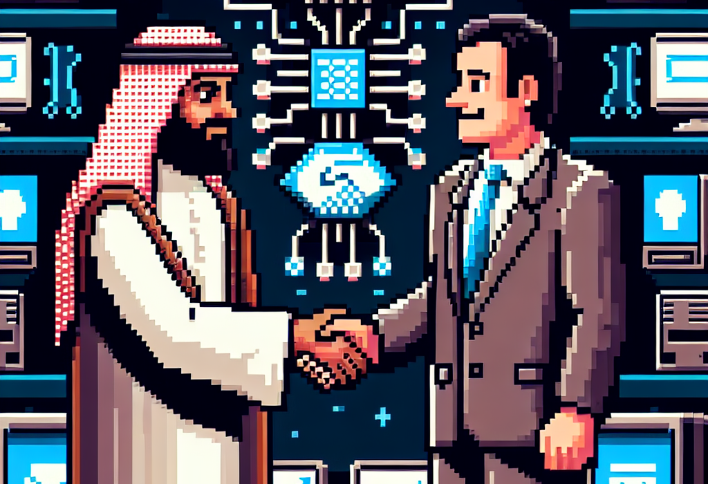 8-bit pixel art of a person shaking hands with an investor in a video game style setting, featuring computers and AI technology icons.
