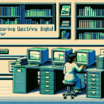 Pixel art illustration showing a character uploading books to a digital library on a retro, blocky computer interface in a vintage video game style.