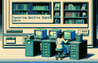 Pixel art illustration showing a character uploading books to a digital library on a retro, blocky computer interface in a vintage video game style.