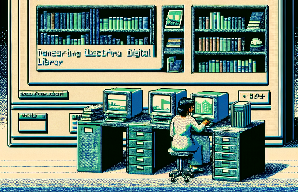 Pixel art illustration showing a character uploading books to a digital library on a retro, blocky computer interface in a vintage video game style.