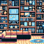 8-bit pixel art representation of a digital library showcasing various self-hosted tools for business, home automation, and personal organization, styled in retro video game aesthetics.