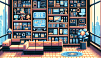 8-bit pixel art representation of a digital library showcasing various self-hosted tools for business, home automation, and personal organization, styled in retro video game aesthetics.