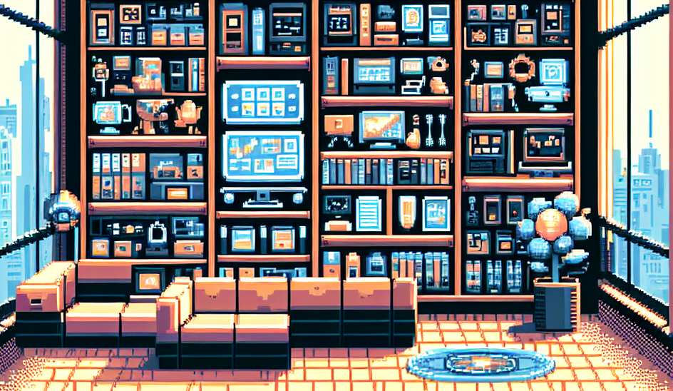 8-bit pixel art representation of a digital library showcasing various self-hosted tools for business, home automation, and personal organization, styled in retro video game aesthetics.