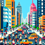 8-bit pixel art illustration of Mexico City showing busy streets and colorful skyscrapers in a retro video game style.