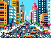 8-bit pixel art illustration of Mexico City showing busy streets and colorful skyscrapers in a retro video game style.