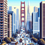 Retro 8-bit pixel art depicting San Francisco with characters engaging in networking and attending tech events, featuring the Golden Gate Bridge and cable cars in a limited color palette.