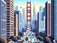 Retro 8-bit pixel art depicting San Francisco with characters engaging in networking and attending tech events, featuring the Golden Gate Bridge and cable cars in a limited color palette.