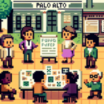 Pixel art representation of a retro video game style workshop, featuring characters in a discussion about funding strategies, with simplified, blocky details typical of an 8-bit video game.