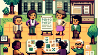 Pixel art representation of a retro video game style workshop, featuring characters in a discussion about funding strategies, with simplified, blocky details typical of an 8-bit video game.