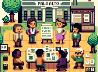 Pixel art representation of a retro video game style workshop, featuring characters in a discussion about funding strategies, with simplified, blocky details typical of an 8-bit video game.