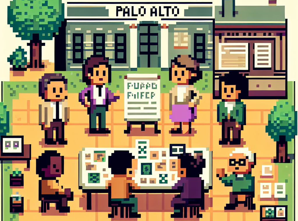 Pixel art representation of a retro video game style workshop, featuring characters in a discussion about funding strategies, with simplified, blocky details typical of an 8-bit video game.