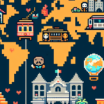 Retro-style 8-bit pixel art map showing Mexico City, San Francisco, and Austin with house icons and small characters, in a limited color palette, representing a home-swap community.