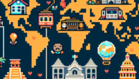 Retro-style 8-bit pixel art map showing Mexico City, San Francisco, and Austin with house icons and small characters, in a limited color palette, representing a home-swap community.