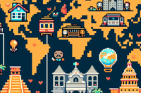 Retro-style 8-bit pixel art map showing Mexico City, San Francisco, and Austin with house icons and small characters, in a limited color palette, representing a home-swap community.