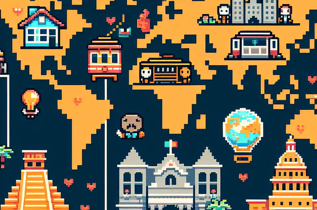 Retro-style 8-bit pixel art map showing Mexico City, San Francisco, and Austin with house icons and small characters, in a limited color palette, representing a home-swap community.
