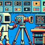 8-bit pixel art of a YouTube creator's studio with a character holding a vintage camera, surrounded by computer screens showing AI technology, using a limited color palette.