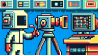 8-bit pixel art of a YouTube creator's studio with a character holding a vintage camera, surrounded by computer screens showing AI technology, using a limited color palette.
