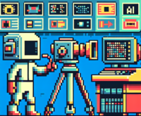 8-bit pixel art of a YouTube creator's studio with a character holding a vintage camera, surrounded by computer screens showing AI technology, using a limited color palette.