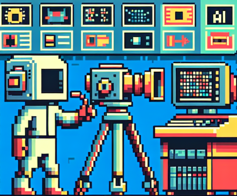 8-bit pixel art of a YouTube creator's studio with a character holding a vintage camera, surrounded by computer screens showing AI technology, using a limited color palette.