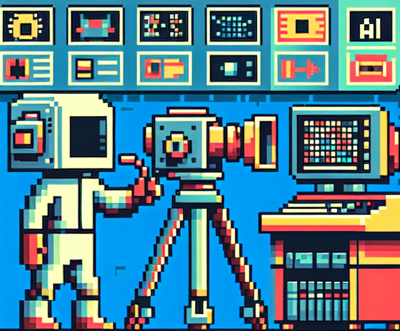 8-bit pixel art of a YouTube creator's studio with a character holding a vintage camera, surrounded by computer screens showing AI technology, using a limited color palette.