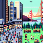 8-bit pixel art showing a dual scene in San Francisco with a bustling tech event on one side and a tranquil park near the Golden Gate Bridge on the other.