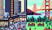 8-bit pixel art showing a dual scene in San Francisco with a bustling tech event on one side and a tranquil park near the Golden Gate Bridge on the other.
