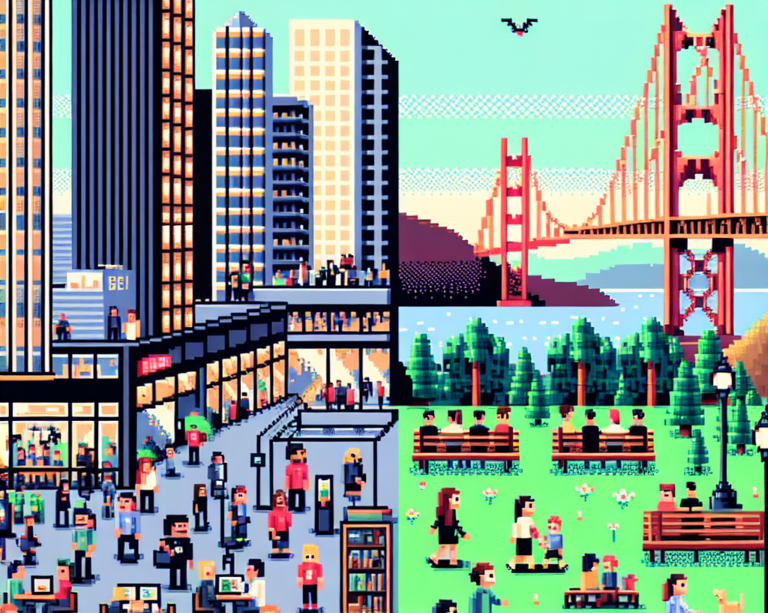8-bit pixel art showing a dual scene in San Francisco with a bustling tech event on one side and a tranquil park near the Golden Gate Bridge on the other.