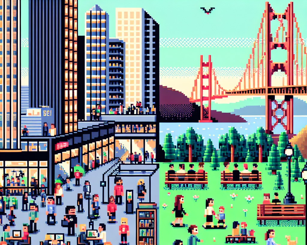 8-bit pixel art showing a dual scene in San Francisco with a bustling tech event on one side and a tranquil park near the Golden Gate Bridge on the other.