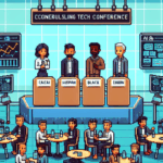 8-bit pixel art of a tech conference in San Francisco, showing a panel of AI founders and attendees networking