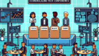 8-bit pixel art of a tech conference in San Francisco, showing a panel of AI founders and attendees networking