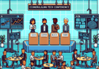 8-bit pixel art of a tech conference in San Francisco, showing a panel of AI founders and attendees networking