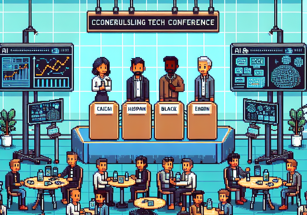 8-bit pixel art of a tech conference in San Francisco, showing a panel of AI founders and attendees networking