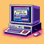 Pixel art of an old-style Mac computer using QuickTime Player to convert video to audio, depicted in a retro video game style