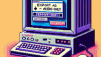 Pixel art of an old-style Mac computer using QuickTime Player to convert video to audio, depicted in a retro video game style