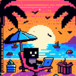 8-bit pixel art of a character with a laptop on Miami Beach at sunset, under an umbrella by palm trees, in retro video game style.