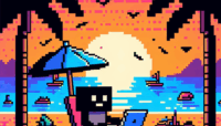 8-bit pixel art of a character with a laptop on Miami Beach at sunset, under an umbrella by palm trees, in retro video game style.