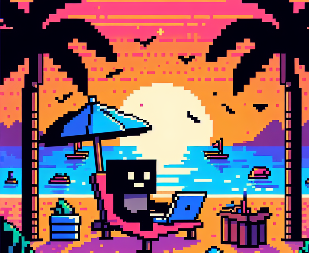 8-bit pixel art of a character with a laptop on Miami Beach at sunset, under an umbrella by palm trees, in retro video game style.