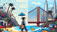 8-bit pixel art showing a character moving from a rainy Miami with palm trees to a techy San Francisco featuring the Golden Gate Bridge.